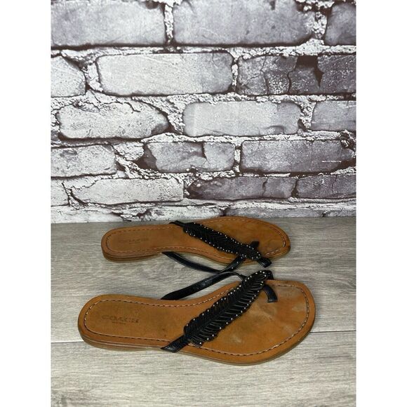 Coach New York DENI Black Leather Feather Thong Flat Sandals Women Sz 8B US/38EU - Picture 5 of 16